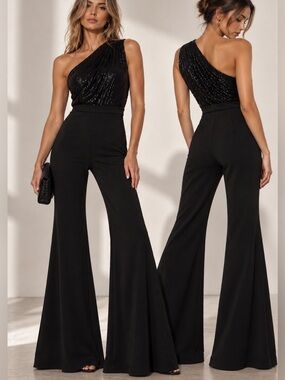 GORGEOUS! NWT MAC DUGGAL Sequin One Shoulder Black Flare Leg Jumpsuit Formal 4